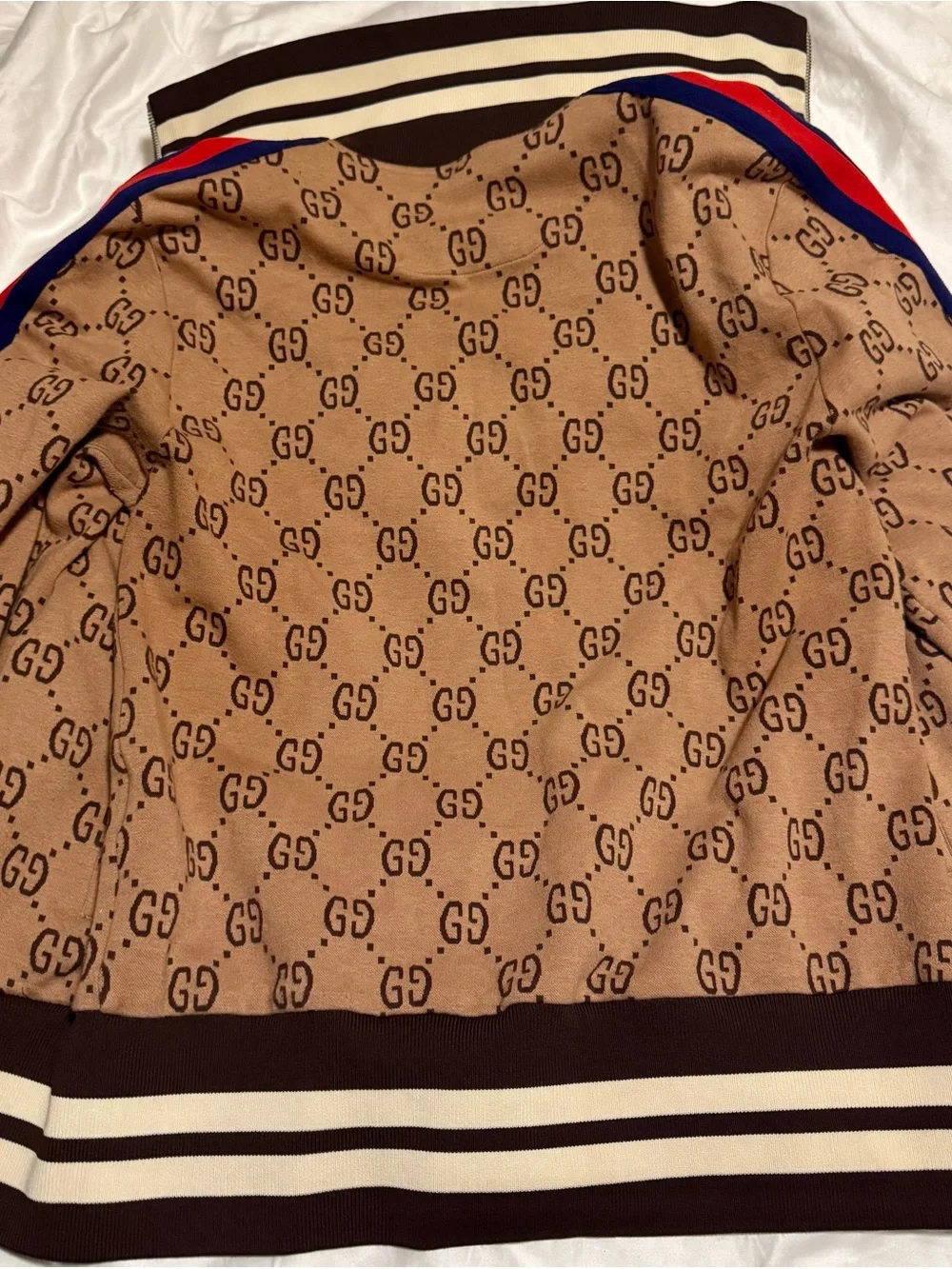 Gucci Brown GG Logo Track Jacket with Red & Blue Sleeve Stripes